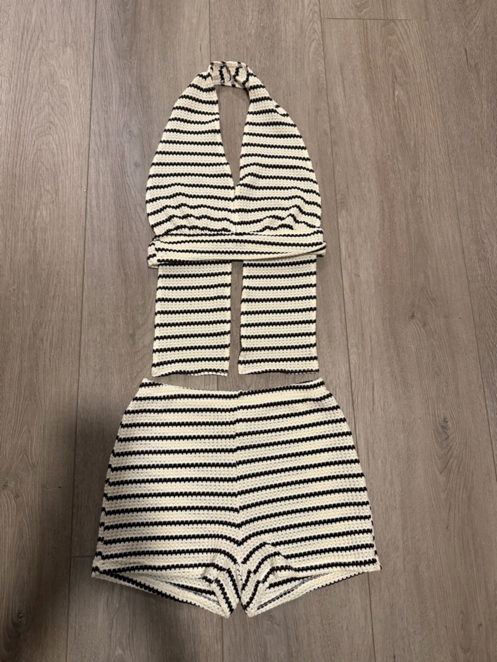 SHEIN Black & Cream Striped Knit Halter Shorts Set